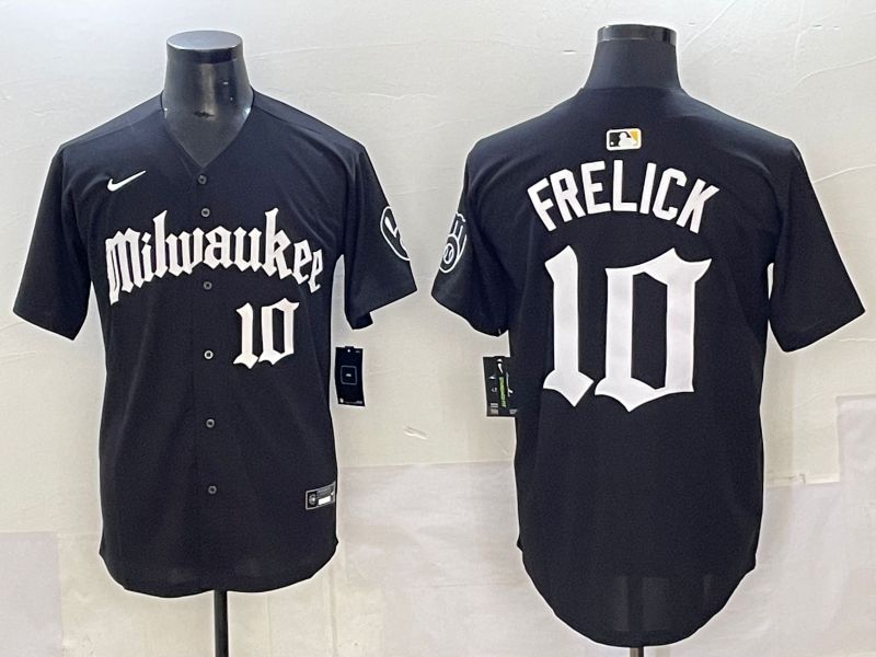 Men 2025 Milwaukee Brewers #10 Frelick Black Five generations Joint Name Nike MLB Jersey style 01
